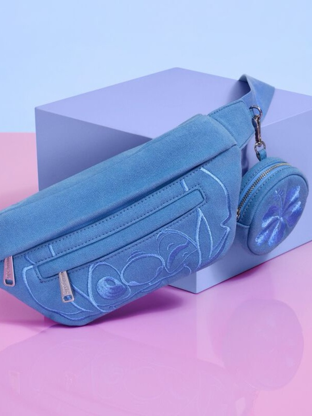 Stitch Loungefly Blue Embroidered Belt Bag with Round Coin Pouch NWT